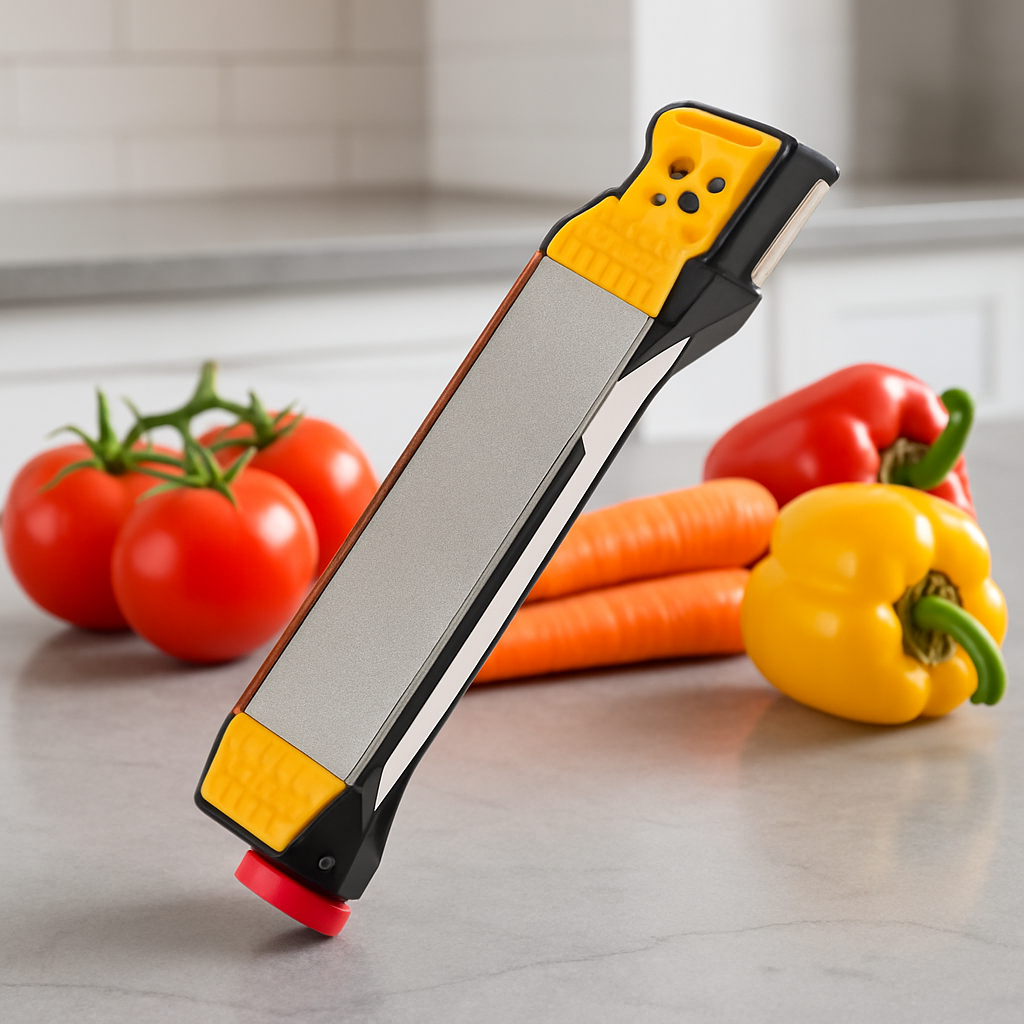 Aiguiseur de couteau posé à côté de légumes sur le plan de travail