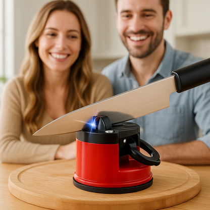 Aiguiseur de couteau utilisé par un couple avec un couteau en cuisine