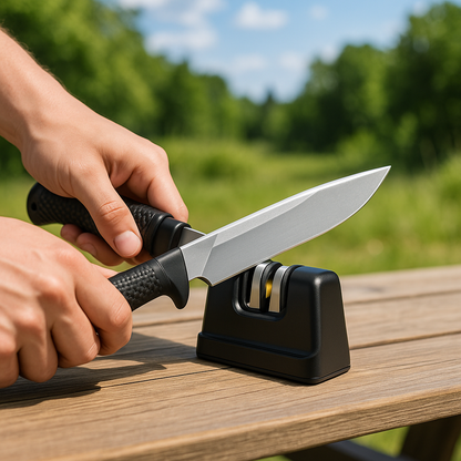 Aiguiseur de couteau portable utilisé sur un couteau de camping en pleine nature