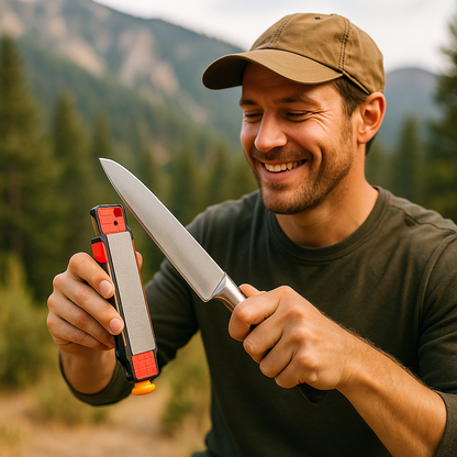 aiguiseur de couteau utilisé par un homme en pleine nature satisfait