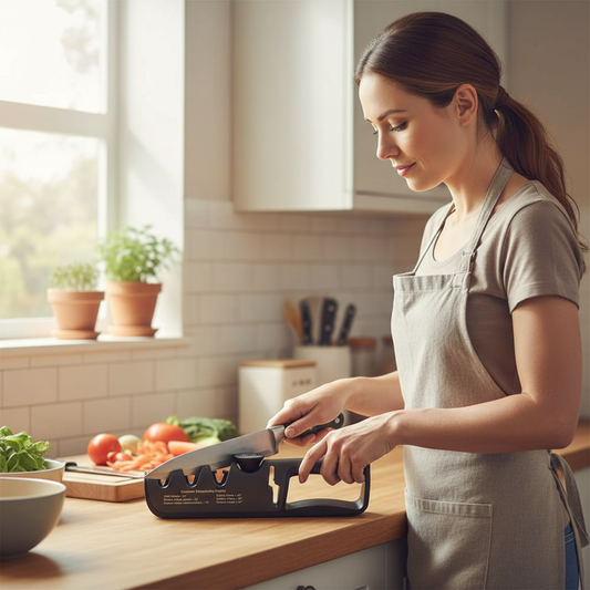 aiguiseur de couteau utilise par une femme dans une cuisine moderne