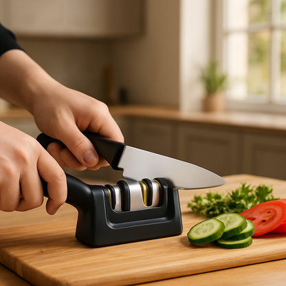 Aiguiseur de couteau double face en action avec un couteau