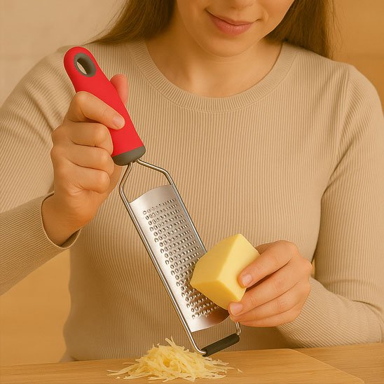 Râpe à fromage tenue par une femme souriante en cuisine