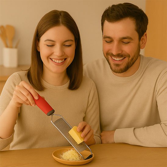 Râpe à fromage utilisée en cuisine par un couple souriant