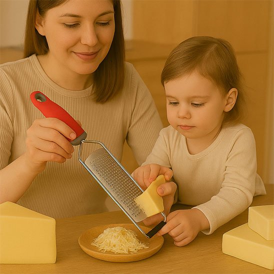 Râpe à fromage utilisée par une maman avec sa petite en cuisine