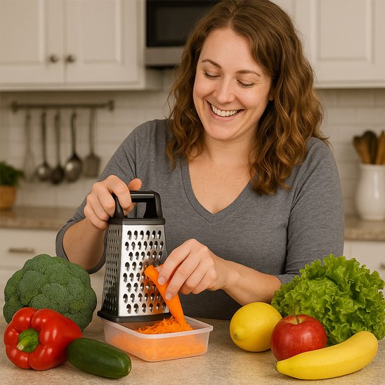 Râpe fromage utilisée par une femme satisfaite pour râper des carottes
