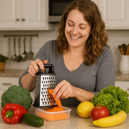 Râpe fromage utilisée par une femme satisfaite pour râper des carottes